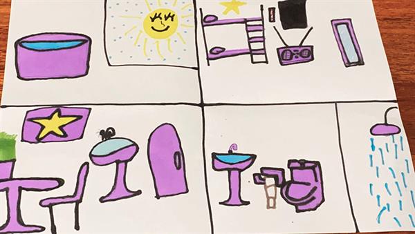 9-vuotiaan Taran piirtämä liila koti.