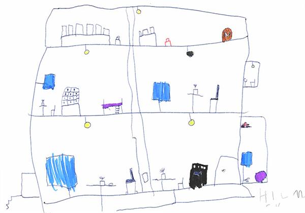 5-vuotiaan Hilman piirrustus tulevaisuuden kodista.
