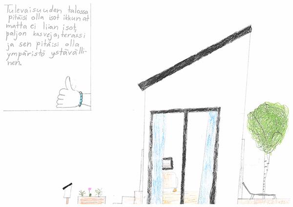 9-vuotiaan Hildan ympäristöystävällinen tulevaisuuden koti.