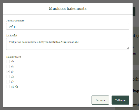 Hakemuksen muokkaus.